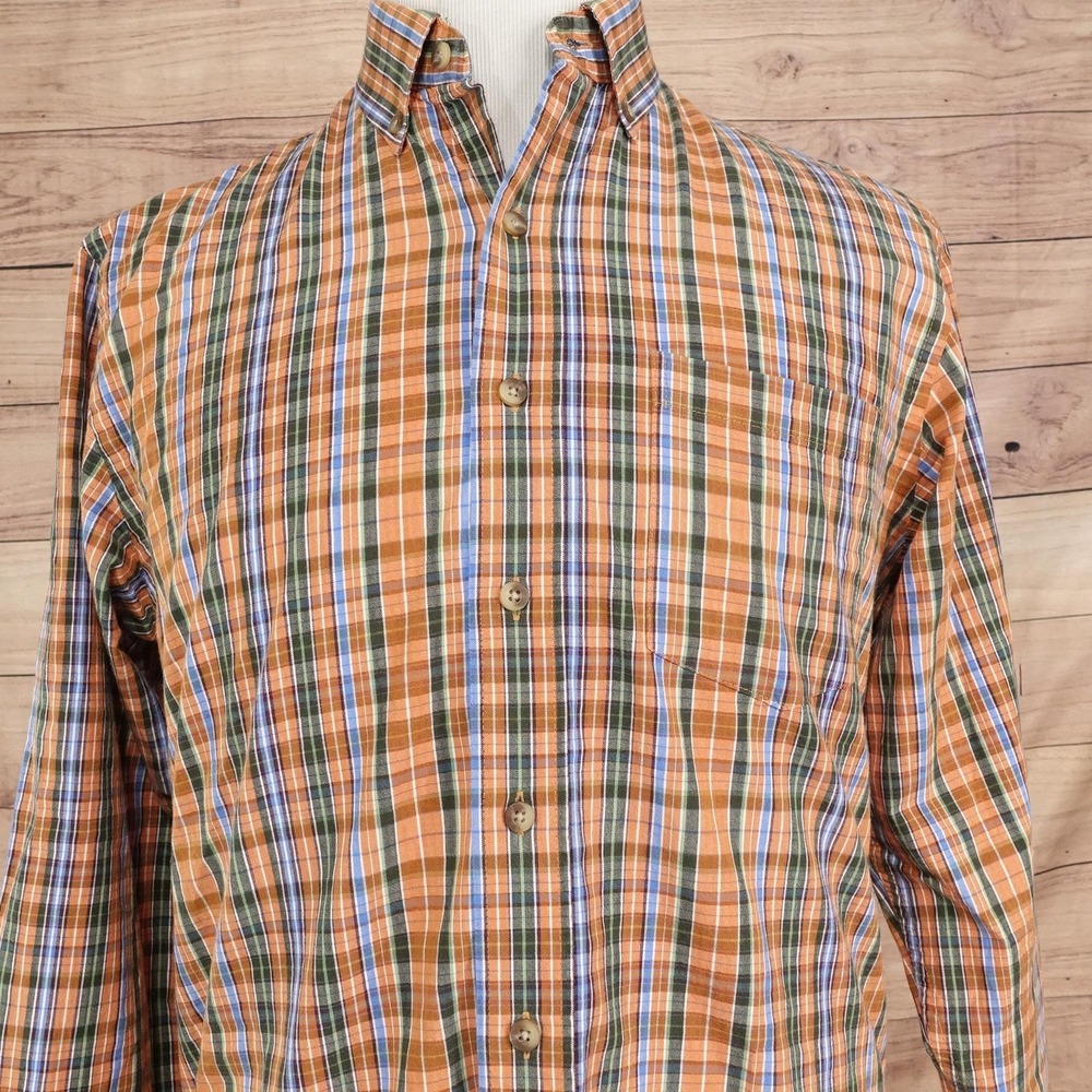 IZOD Shirt Mens M Orange Green Plaid Long Sleeve Button-Up Cotton Casual Pocket